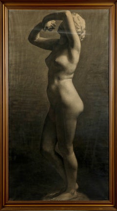 Monumental Nude Study with Standing Model, Charcoal on Paper, Signed, 1905