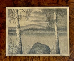 Swedish Landscape with Birch Trees and Lake, Signed Pencil and Graphite