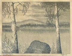 Swedish Landscape with Birch Trees and Lake, Signed Pencil and Graphite