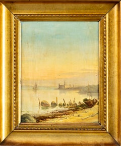Sunset at Öresund, 19th Century Oil on Canvas, Original Gilt Frame