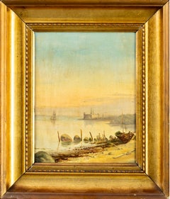 Sunset at Öresund, 19th Century Oil on Canvas, Original Gilt Frame