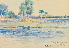 „Sommerlandschaft an der Küste eines Archipels“, signiert, Buntstift auf Papier, 1925