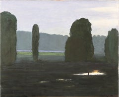 «Paisaje tranquilo al atardecer», óleo sobre lienzo, firmado y fechado