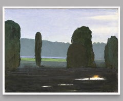 «Paisaje tranquilo al atardecer», óleo sobre lienzo, firmado y fechado