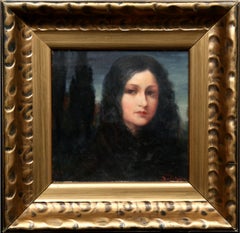 Portrait of a Young Woman at Dusk, Signed Oil on Cardboard, 43 x 43 CM