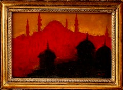 Istanbul at dusk. Signed Oil on cardboard, Early 20th Century