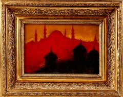 Istanbul at dusk. Signed Oil on cardboard, Early 20th Century
