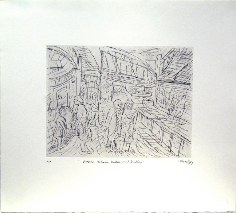 Leon Kossoff Figurative Print - Outside Kilburn Underground Station