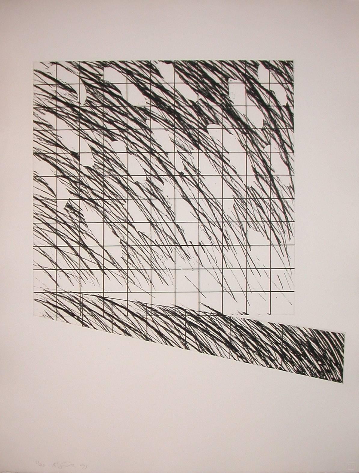 Richard Smith Abstract Print - Proscenium IV (grid with lines and white patches)