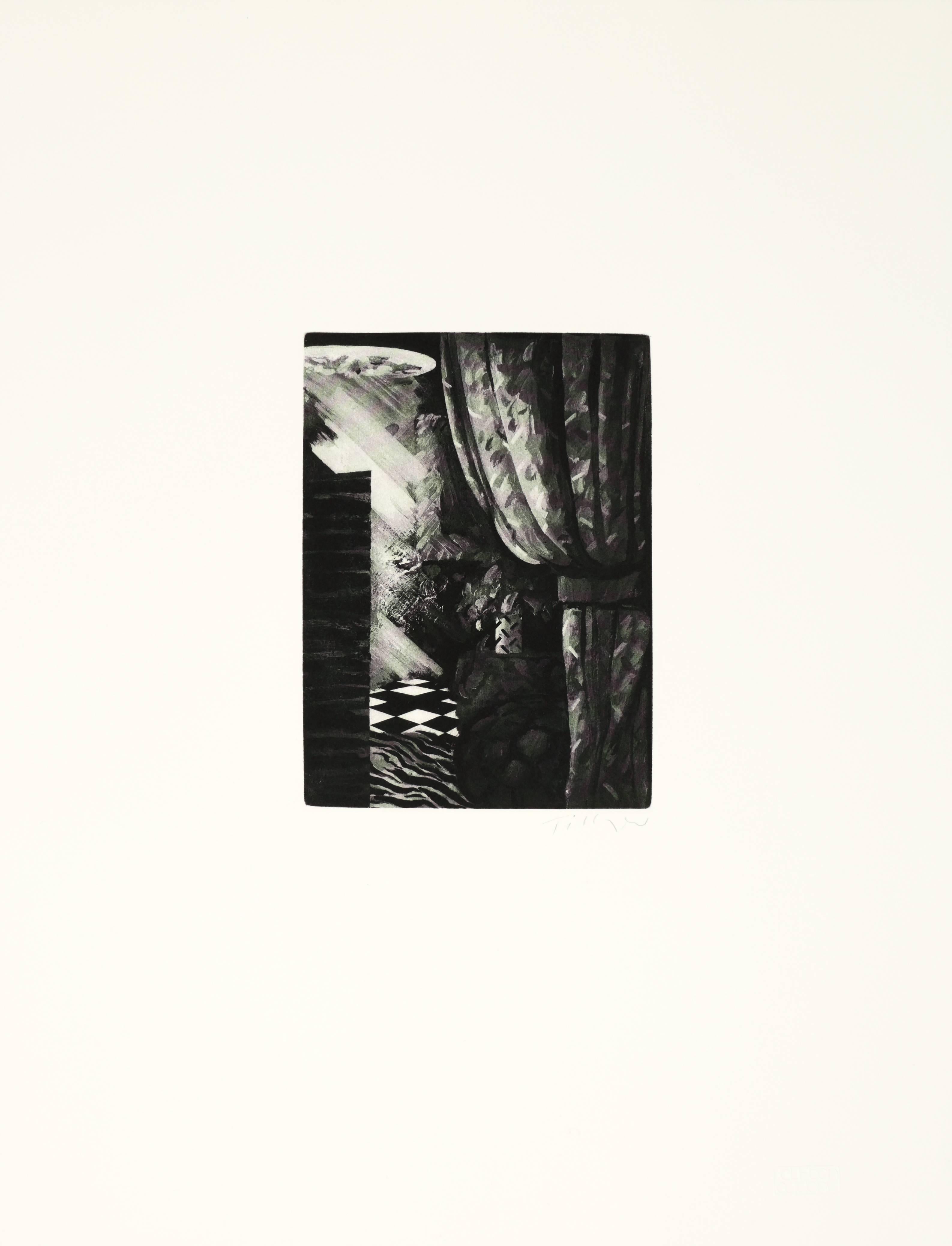 Figurative Print de William Tillyer - Interior en Fontenay aux Rose con Tortuga Grande