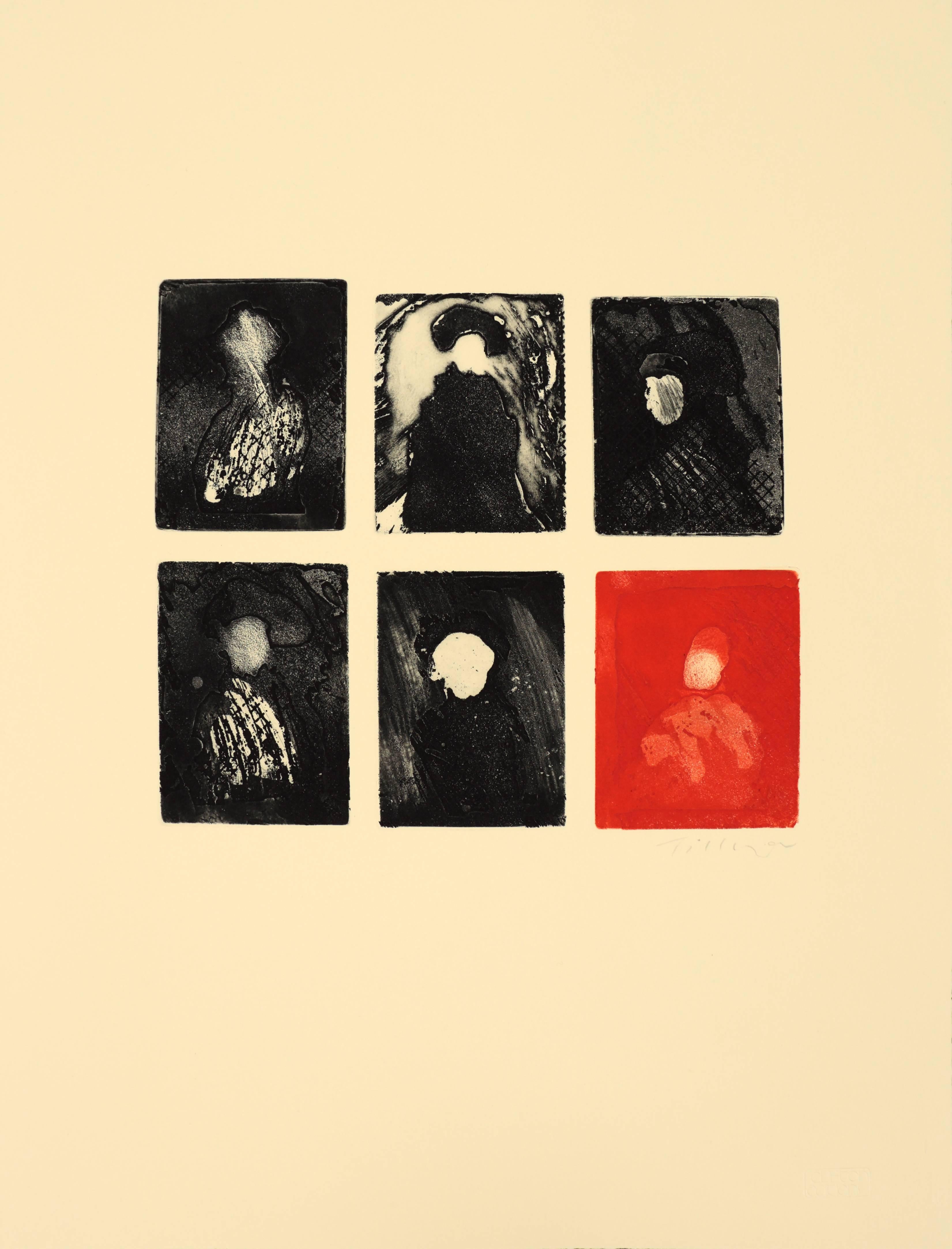 Abstract Print William Tillyer - Les Descendents/Portraits - "Ces portraits insolites et sombres, accrochés à haute hauteur, ne portent pas de visages."