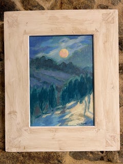 Contemporary Nocturnal Landscape Oil Painting Full Moon Blue Tonal Scene on Wood