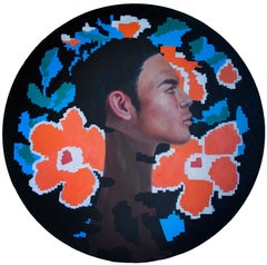 Male Portrait with Pixelated Flowers, Pop Art Acrylic Painting on Wood Tondo
