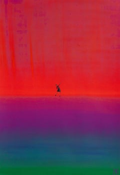 Red Color Field Painting with Flying Woman, Acrylic on Fabriano Paper