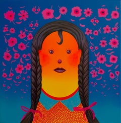 Fille en orange fluo avec des fleurs roses, peinture acrylique figurative pop et colorée