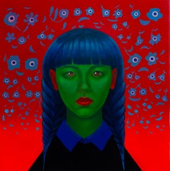 Green Face and Blue Hair, Colorful Avatar Style Figurative Portrait Painting