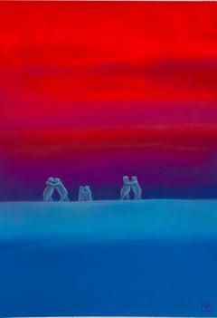 Crimson Horizon Animale Figurativo Pittura Acrilica su Carta Fabriano con Orsi