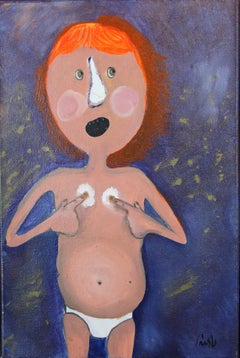 Red-Haired Woman on Purple, Naive Figurative Mixed Media Portrait Painting