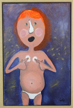 Red-Haired Woman on Purple, Naive Figurative Mixed Media Portrait Painting
