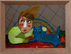 Cat Portrait with Pop Singer, Mixed Media Humorous Framed Figurative Painting