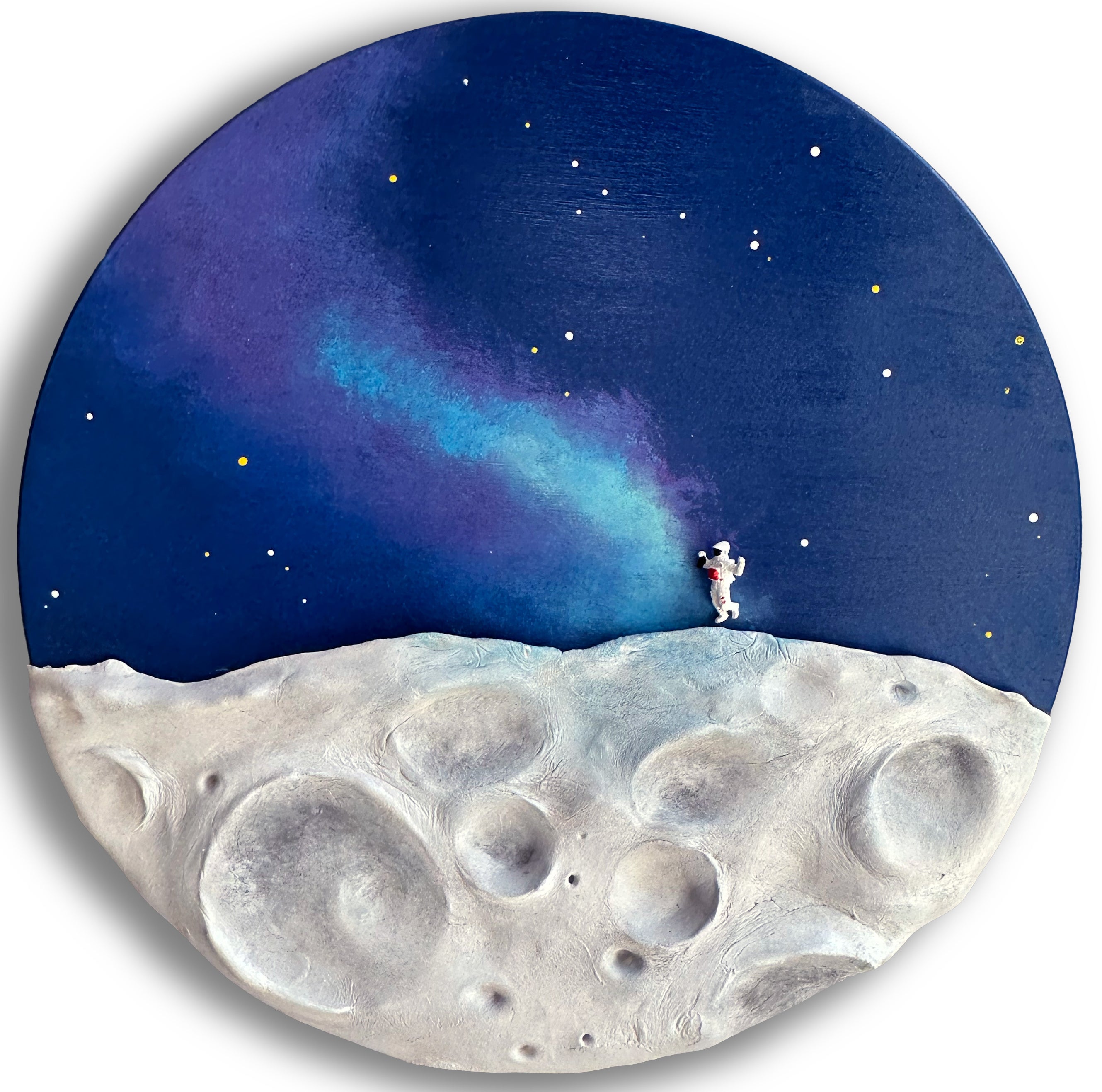 Astronaut on the Moon, Blue Galaxy Mixed Media Round Wall Sculpture