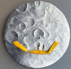 Circular Moon Wall Relief with Yellow Measuring Tape, Mixed Media Sculpture