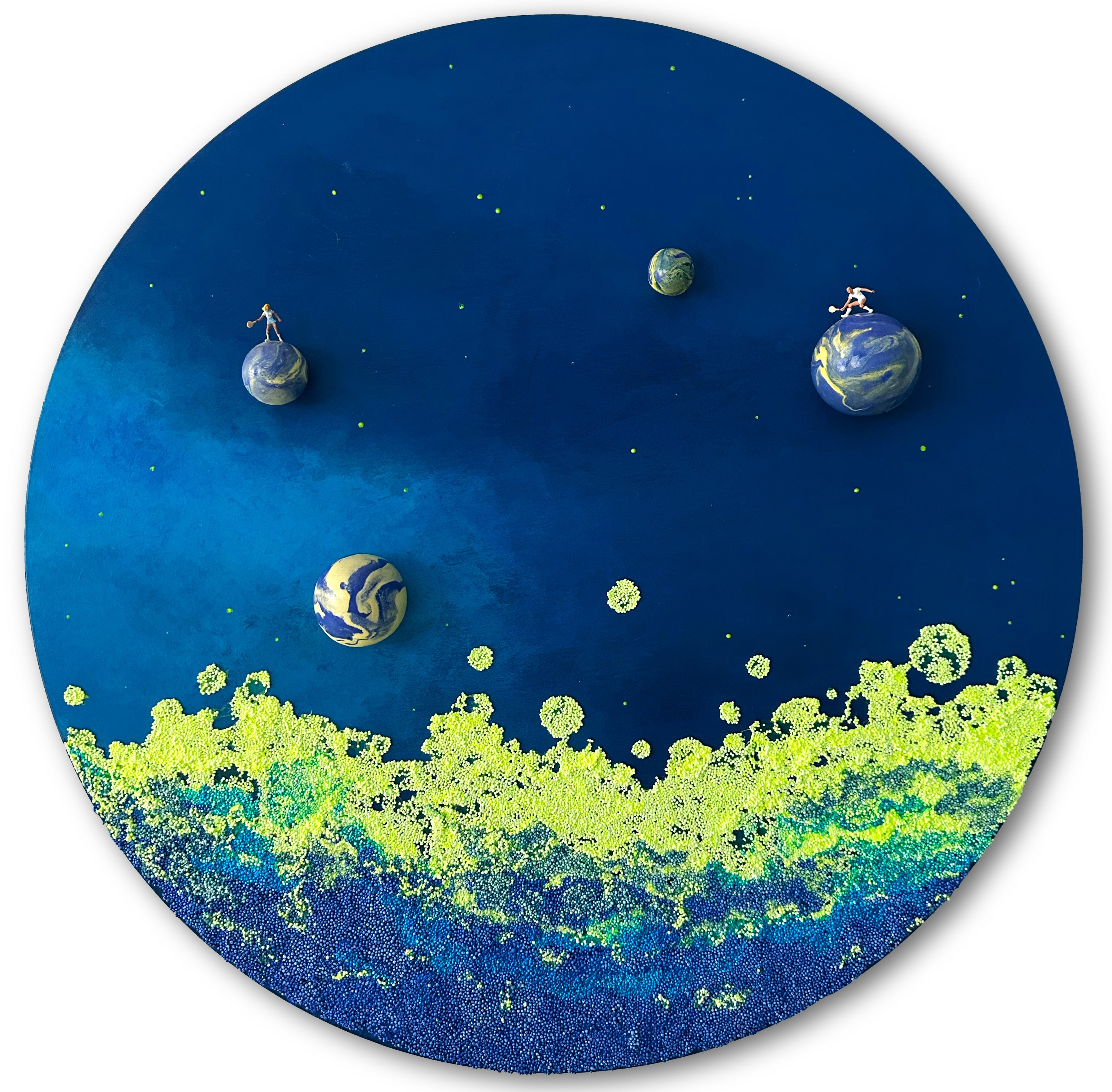 Miniature Figures on Planets, Blue Cosmic Round Mixed Media Wall Sculpture