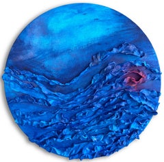 Blaue Meereswellen mit Segelbooten, rundes, strukturiertes Wandrelief aus verschiedenen Materialien