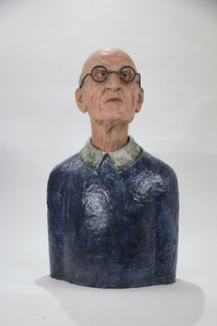 Expressionist Ceramic Old Man Bust with Forged Iron Glasses