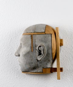 Architectural Cement Head with Chestnut Wood, Wall-Mounted Figurative Sculpture