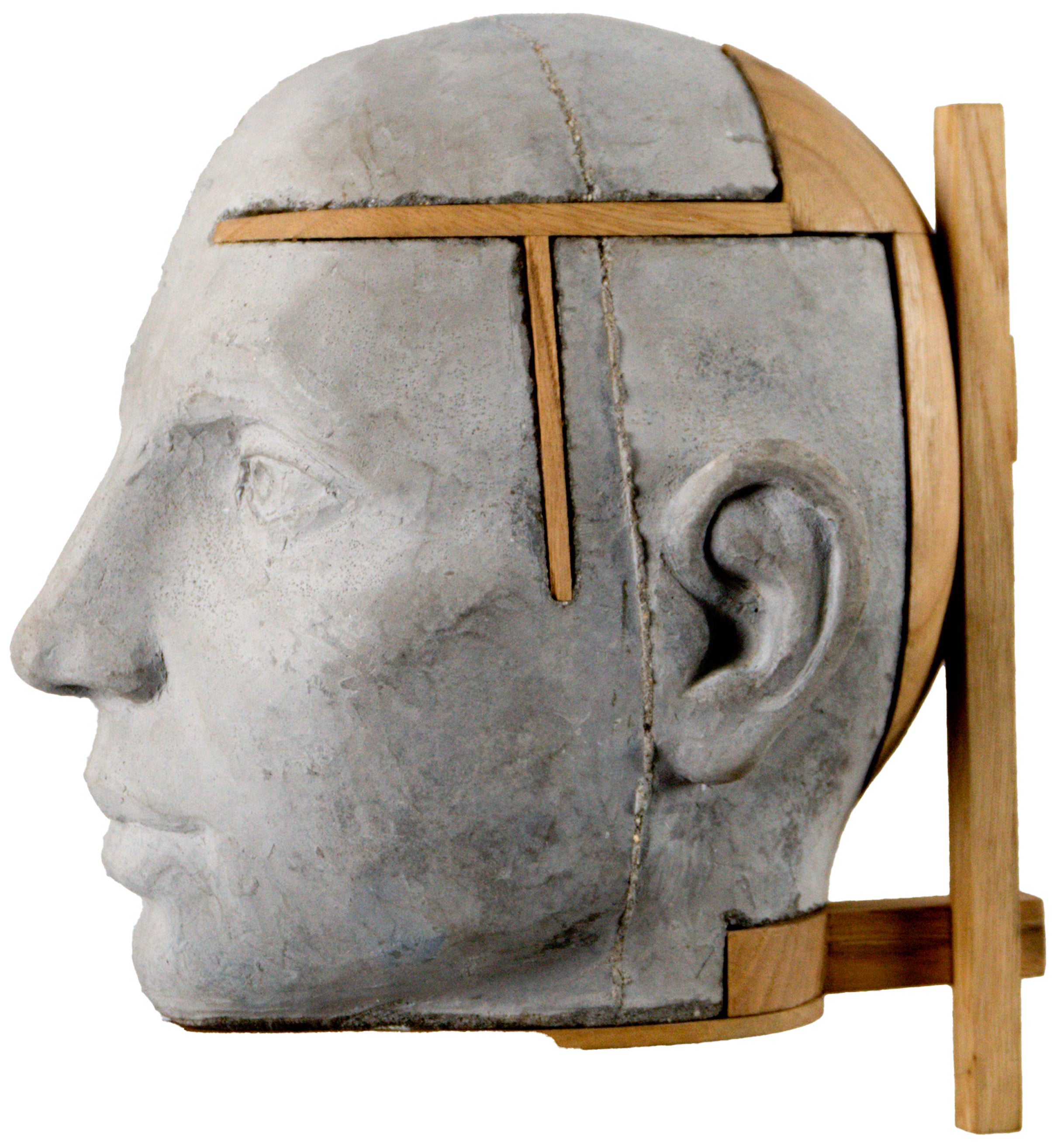 Architectural Cement Head with Chestnut Wood, Wall-Mounted Figurative Sculpture