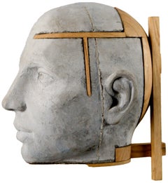 Architectural Cement Head with Chestnut Wood, Wall-Mounted Figurative Sculpture