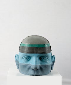 Architectural Painted Concrete Head Sculpture with Blue Chromatic Layers