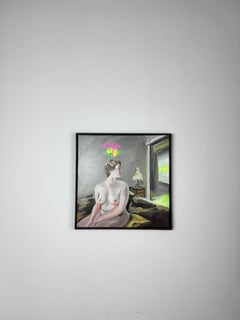 Sitzender weiblicher Akt am Fenster mit Neonlinien, figuratives Acrylgemälde