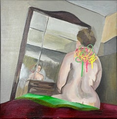 Figurative Innenraummalerei mit Spiegel, Frauenporträt und symbolischem Knoten