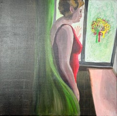Psychologisch-realistisches, figuratives Interieur-Porträt einer Frau am Fenster