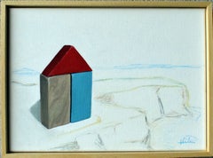 Small Red Roof House, Minimalist Geometric Landscape Acrylic Painting