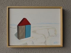 Small Red Roof House, Minimalist Geometric Landscape Acrylic Painting