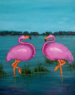 Pair of Pink Flamingos in Blue Lagoon, Colorful Figurative Acrylic Painting
