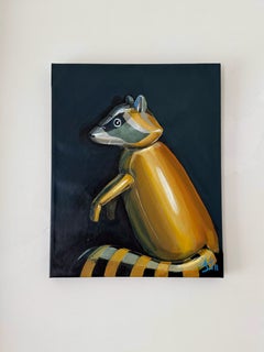 Golden Balloon Raccoon, Playful Pop Surrealist Animal Portrait Painting