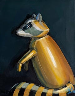 Golden Balloon Raccoon, Playful Pop Surrealist Animal Portrait Painting