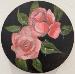 Rosas rosas con ojos y una mosca, pintura acrílica surrealista de motivos florales redondos sobre lienzo