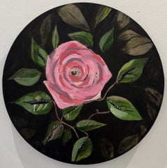 Rosa rosa con un ojo, pintura acrílica botánica surrealista redonda sobre lienzo