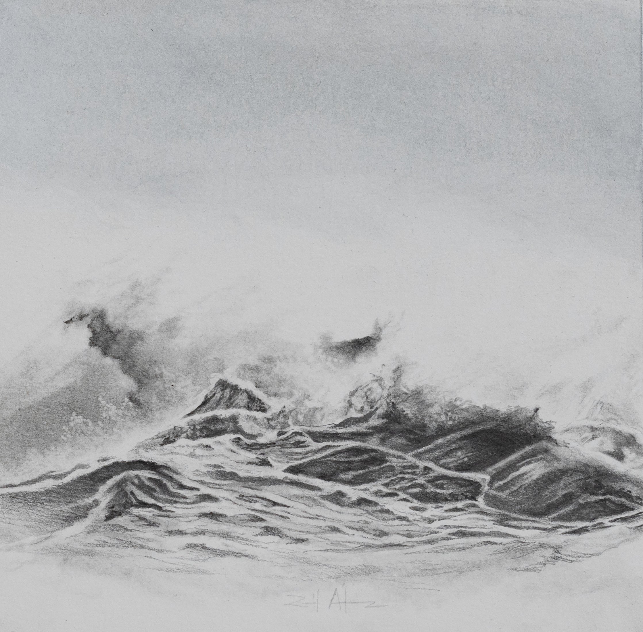 Monochrome Storm Seascape Graphite Drawing on Panel, Dramatic Ocean Waves