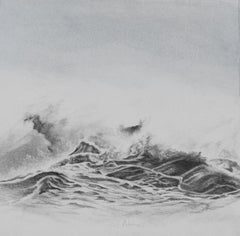 Dessin au graphite monochrome représentant un paysage marin orageux sur panneau, avec des vagues spectaculaires