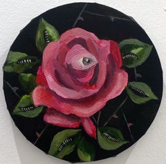 Rosa rosa con un ojo humano y hojas con dientes, cuadro acrílico redondo de estilo surrealista