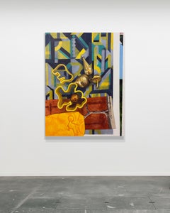 Grande dipinto acrilico surrealista con natura morta geometrica nei toni del giallo e del verde acqua