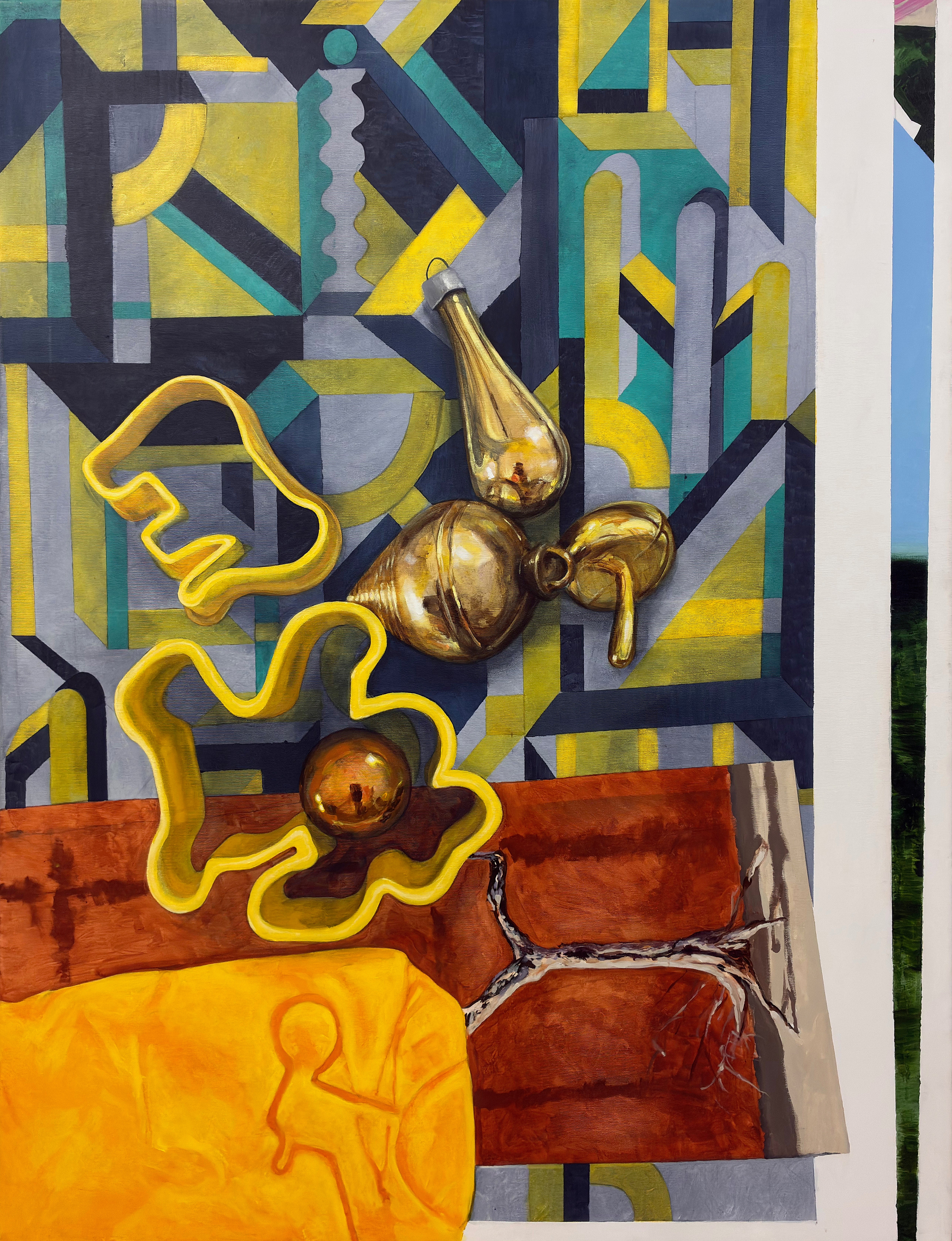 Großes surrealistisches geometrisches Stillleben, Acrylgemälde in Gelb und Blaugrün
