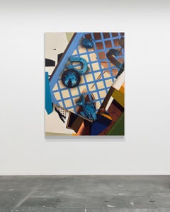 Grande natura morta surrealista in stile geometrico, dipinto ad acrilico nei toni del blu e dell'oro