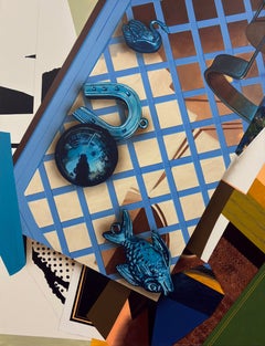Grande natura morta surrealista in stile geometrico, dipinto ad acrilico nei toni del blu e dell'oro